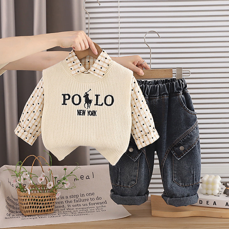 Letter Print Sweater Vest Shirt Pants Set Spring Autumn  Outfit