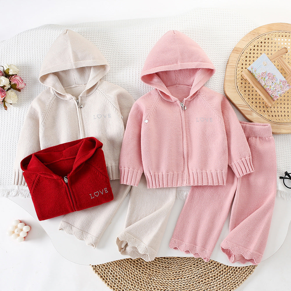 Chic Hooded Zipper Knit Cardigan Sweater Set