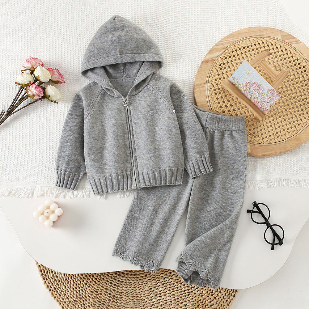 Chic Hooded Zipper Knit Cardigan Sweater Set