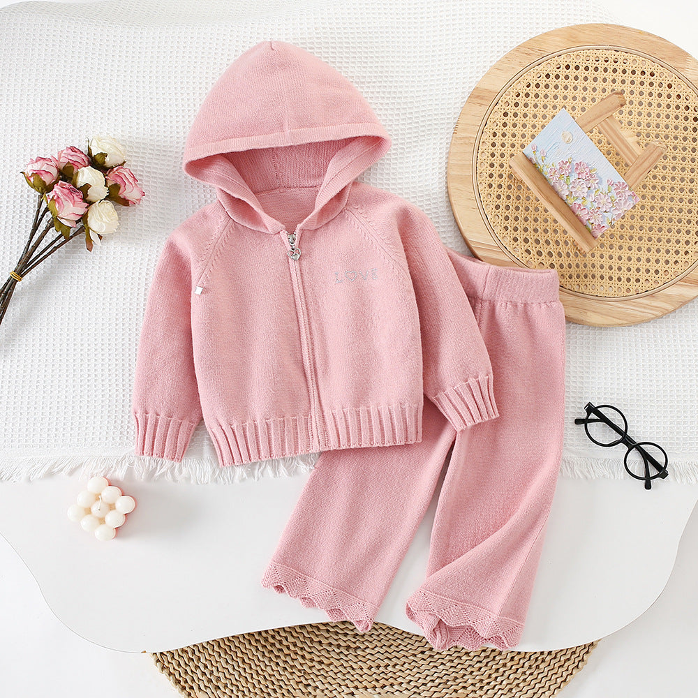 Chic Hooded Zipper Knit Cardigan Sweater Set