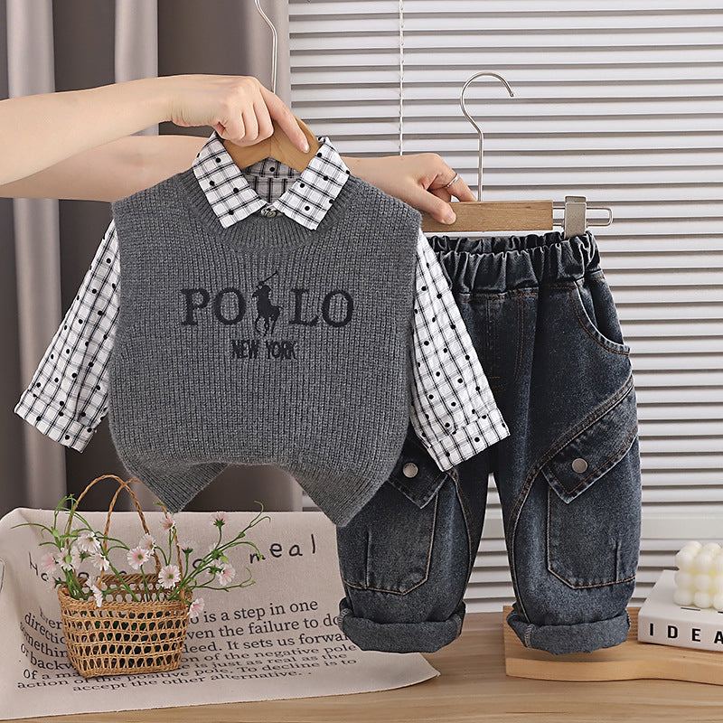 Letter Print Sweater Vest Shirt Pants Set Spring Autumn  Outfit
