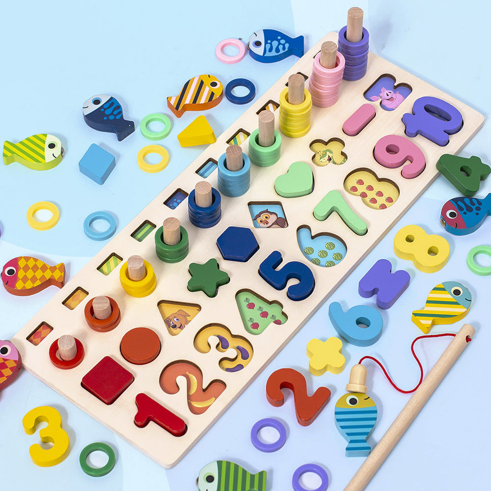 Children's early education puzzle three in one logarithmic board fishing toy wooden alphanumeric cognitive building block matching game
