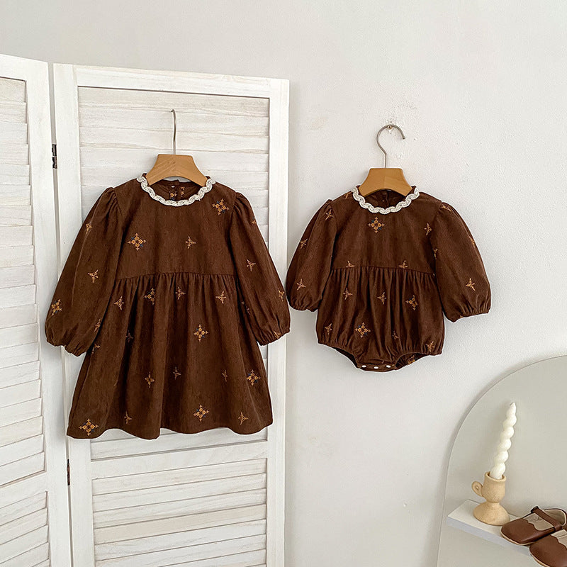 Vintage Corduroy Embroidered Girls' Dress