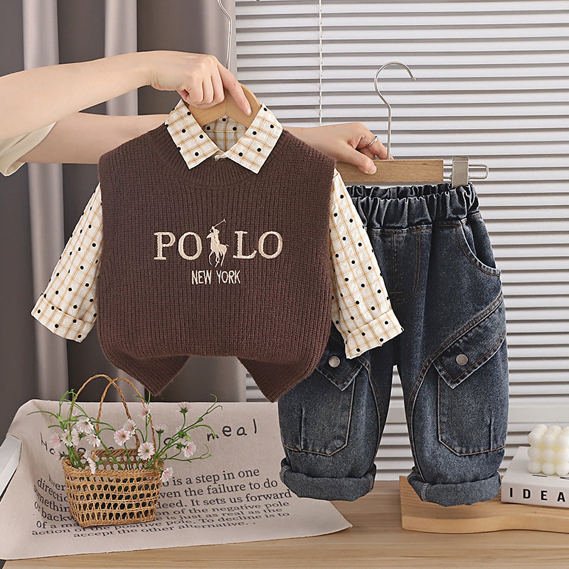 Letter Print Sweater Vest Shirt Pants Set Spring Autumn  Outfit