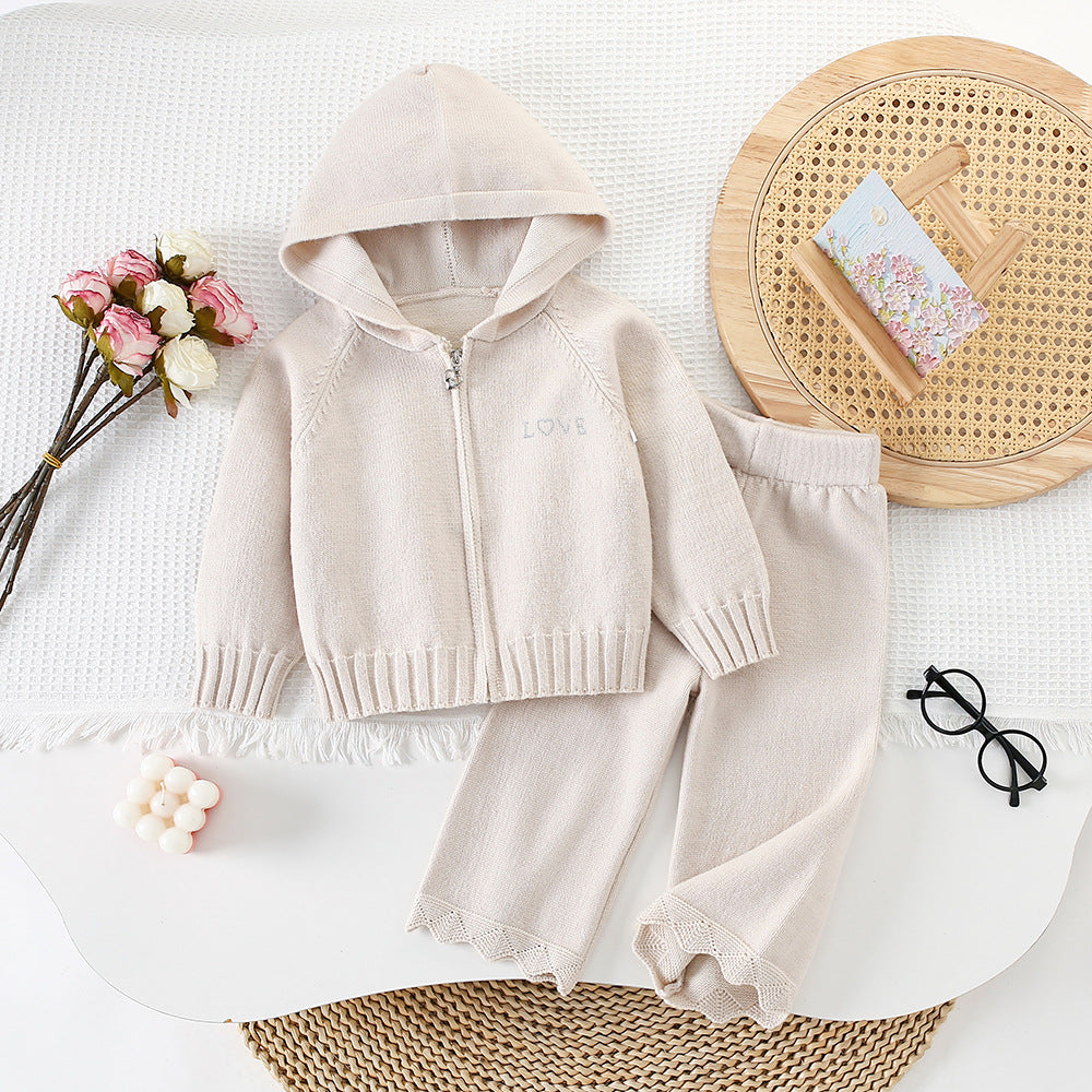 Chic Hooded Zipper Knit Cardigan Sweater Set
