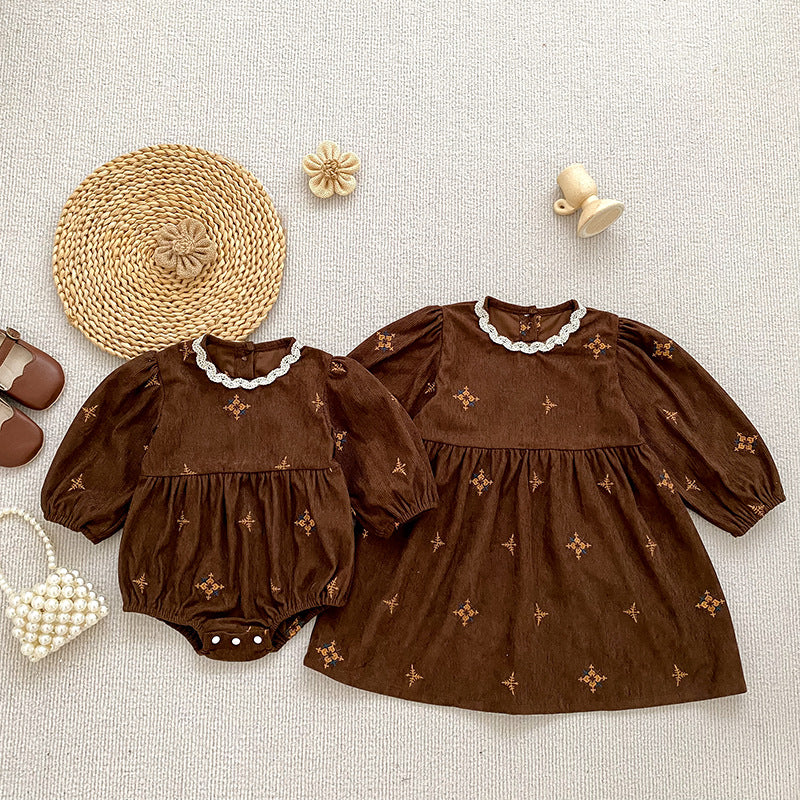 Vintage Corduroy Embroidered Girls' Dress