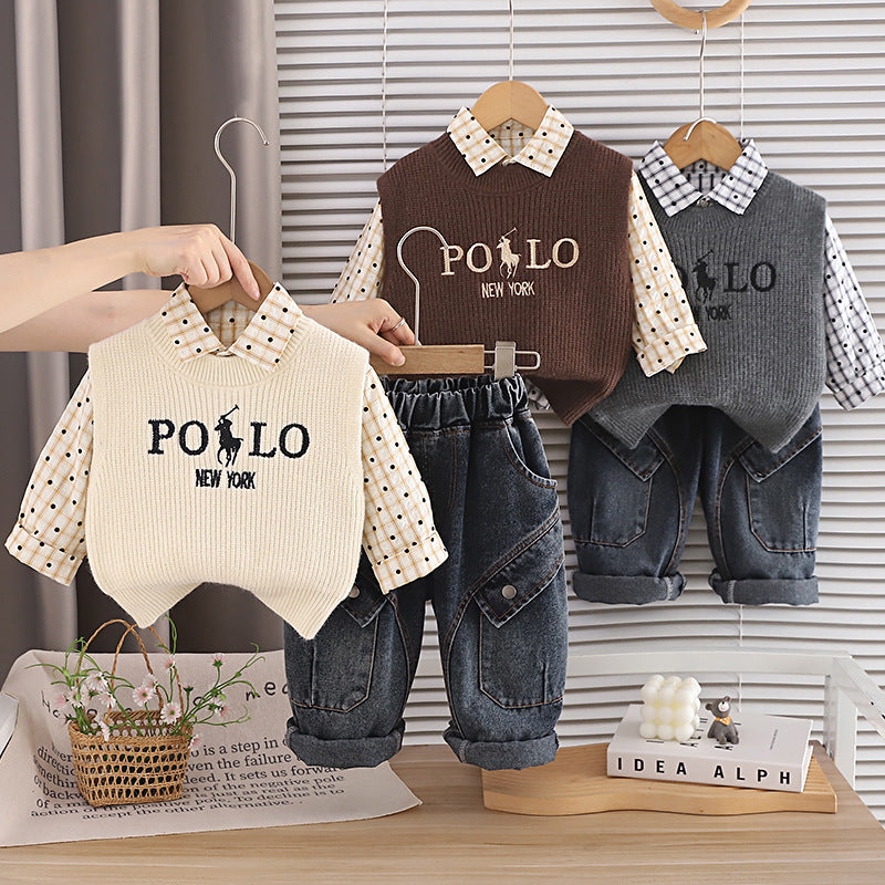 Letter Print Sweater Vest Shirt Pants Set Spring Autumn  Outfit