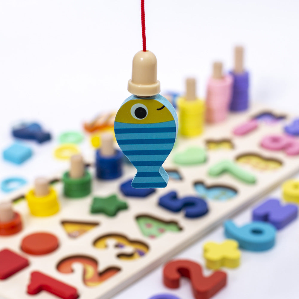 Children's early education puzzle three in one logarithmic board fishing toy wooden alphanumeric cognitive building block matching game