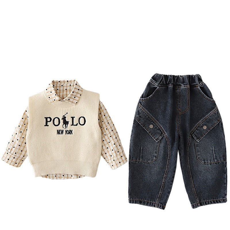 Letter Print Sweater Vest Shirt Pants Set Spring Autumn  Outfit
