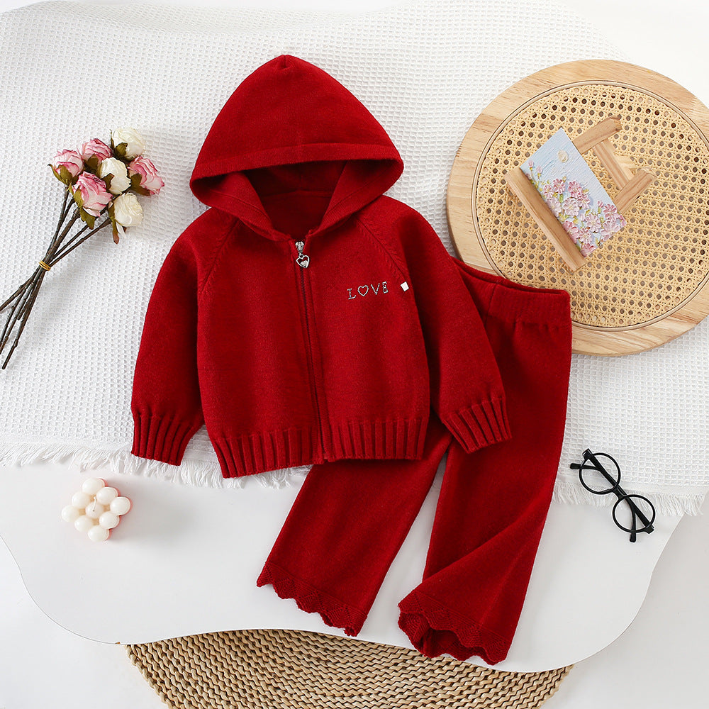 Chic Hooded Zipper Knit Cardigan Sweater Set