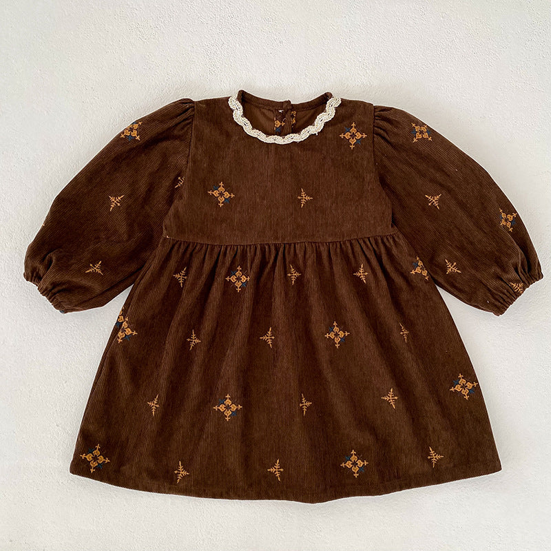 Vintage Corduroy Embroidered Girls' Dress