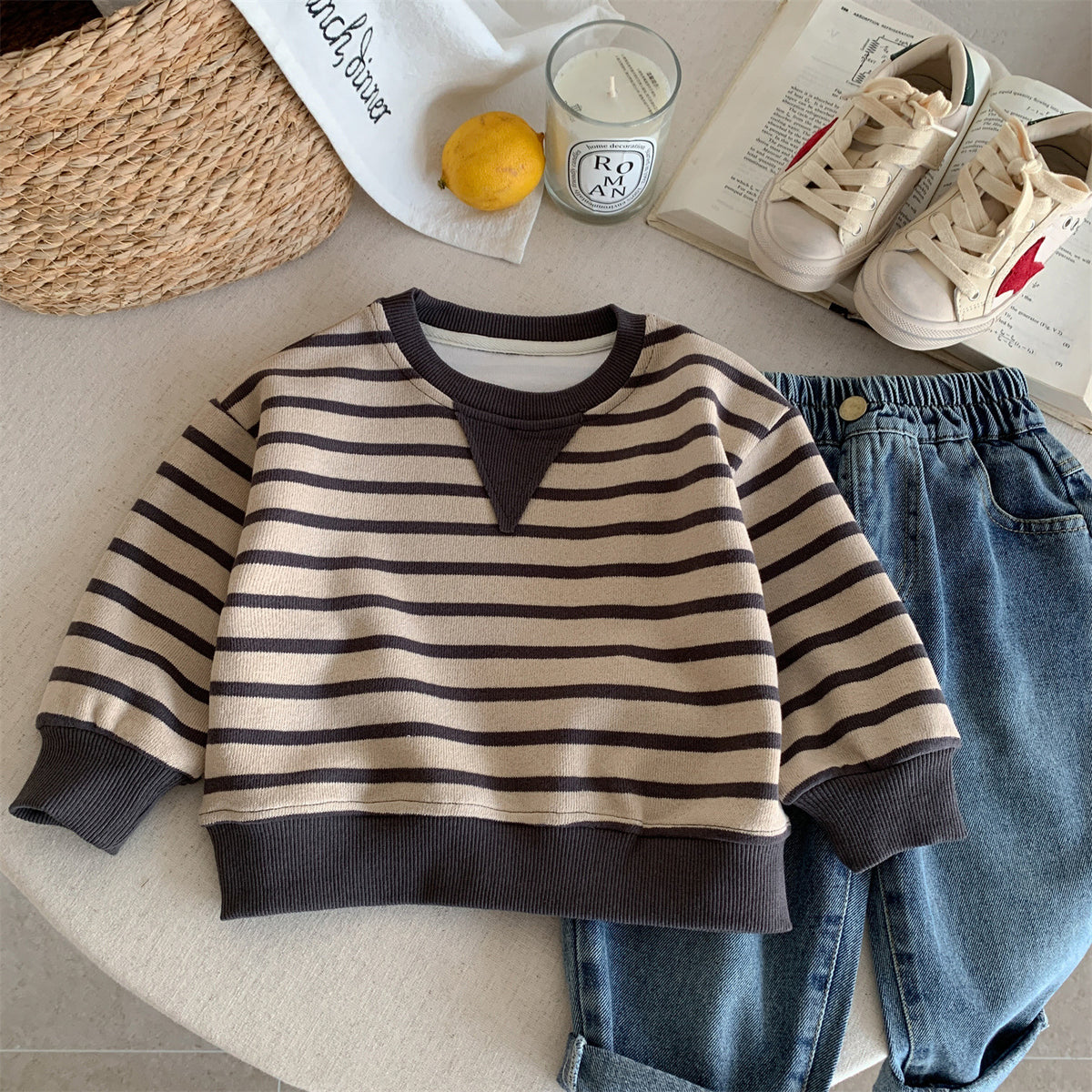 Round neck hoodie baby striped casual pullover