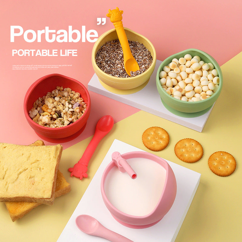 Children's Full Silicone Bowl Sucker Learning To Eat Training Meal Bowl Adsorption Baby Spoon Fork Meal Set Kindergarten Bowl Plate
