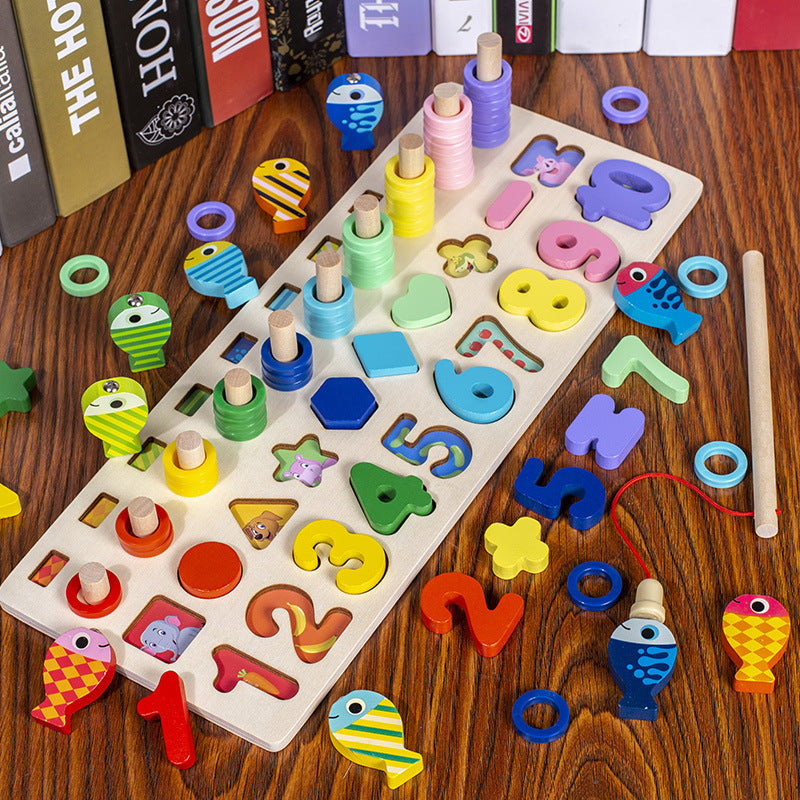 Children's early education puzzle three in one logarithmic board fishing toy wooden alphanumeric cognitive building block matching game