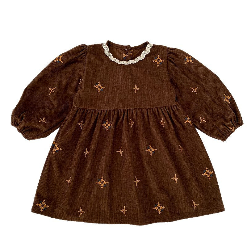 Vintage Corduroy Embroidered Girls' Dress