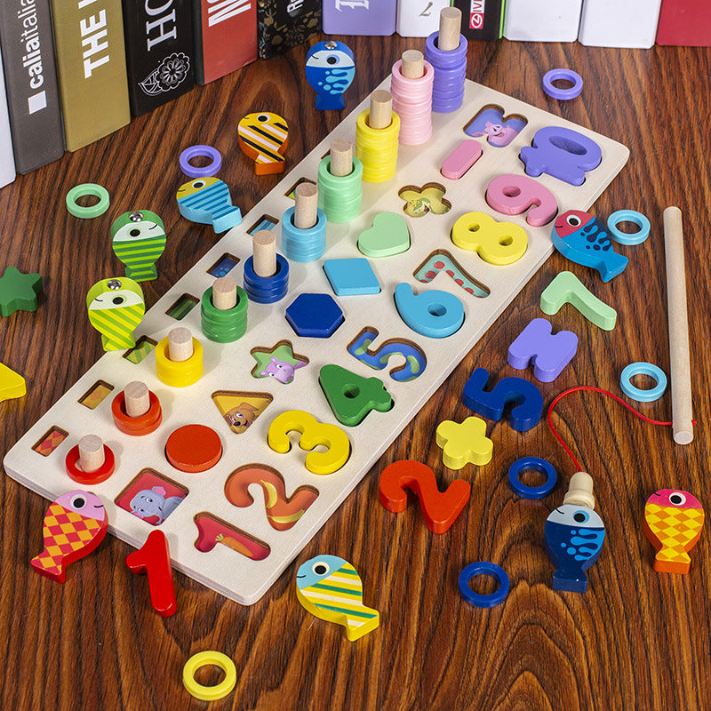 Children's early education puzzle three in one logarithmic board fishing toy wooden alphanumeric cognitive building block matching game