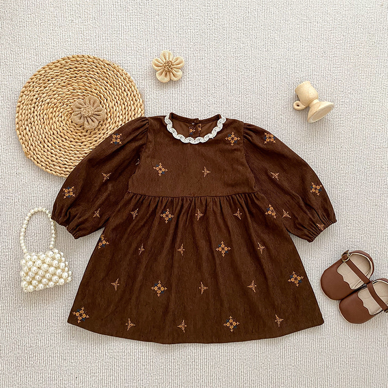 Vintage Corduroy Embroidered Girls' Dress