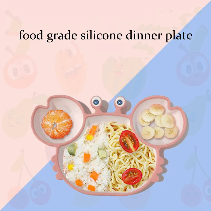 Sub-grid Silicone Sucker Tableware For Baby Cartoon Crab Anti-fall Dinner Plate Infant Kids Supplementary Food Bowl Soft Dishes