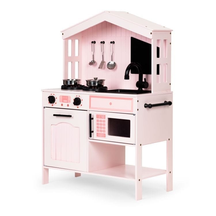 Pink Wooden Play Kitchen with Oven, Burners, Microwave and Accessories