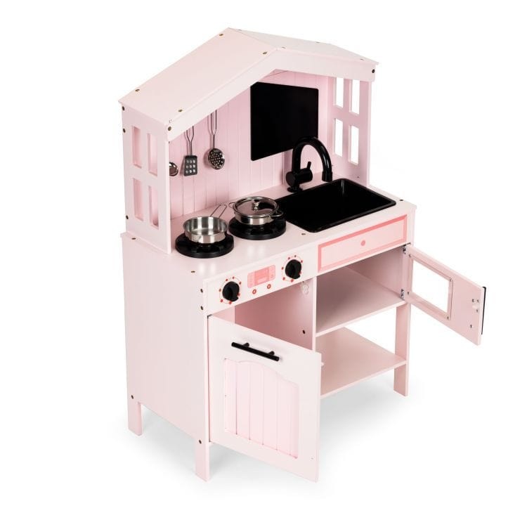 Pink Wooden Play Kitchen with Oven, Burners, Microwave and Accessories